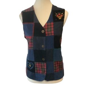 JANTZEN CLASSICS BUTTON-UP CORDUROY/ PLAID/ EMBROIDERED/ PATCHWORK VEST / Size S